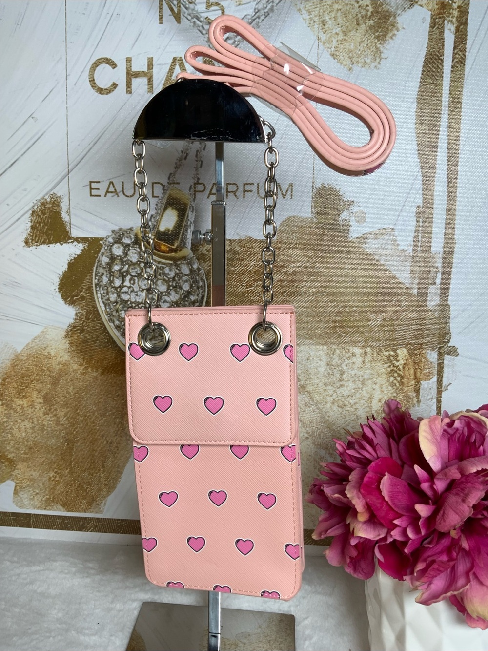 Madden Girl Pink Heart Print Crossbody Phone Bag